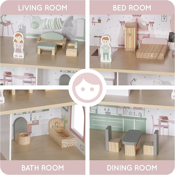 Wooden Pink Doll House for Girls with Balcony,DIY Pretend Dolls Play House Toy, Kids Dollhouses Toys with 12 PCS Furniture Accessories,Birthday Gifts for Boys Girls Ages 3+