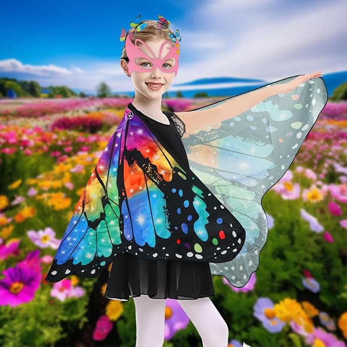 Butterfly Costume for Girls Fairy Wings Kids 4 Pcs(Cape,Skirts,Masks,Hair Clips) Butterfly Wings for Halloween Gifts