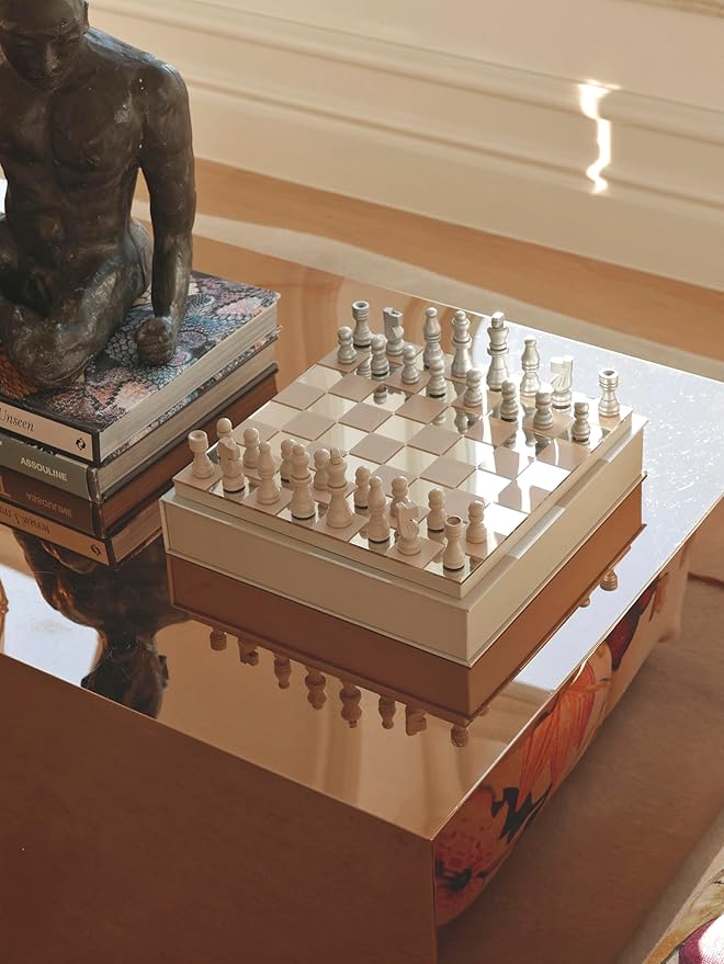 Printworks Classic – Art of Chess, Mirror – Beige & Silver Wooden Chess Set with Mirrored Acrylic Board – Stylish Coffee Table Game for Adults & Kids Ages 5+ – Multilingual Instructions Included