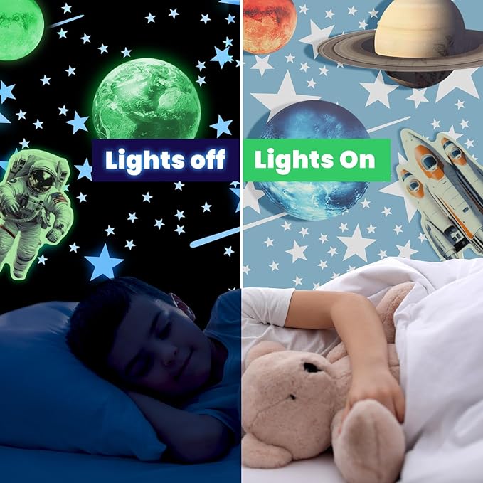 Glow in The Dark Stars and Planets, Bright Solar System Wall Stickers - USA Astronaut Spaceship, Ceiling Decals for Kids Bedroom Any Room, Shining Space Decoration, Birthday Gift for Boys and Girls