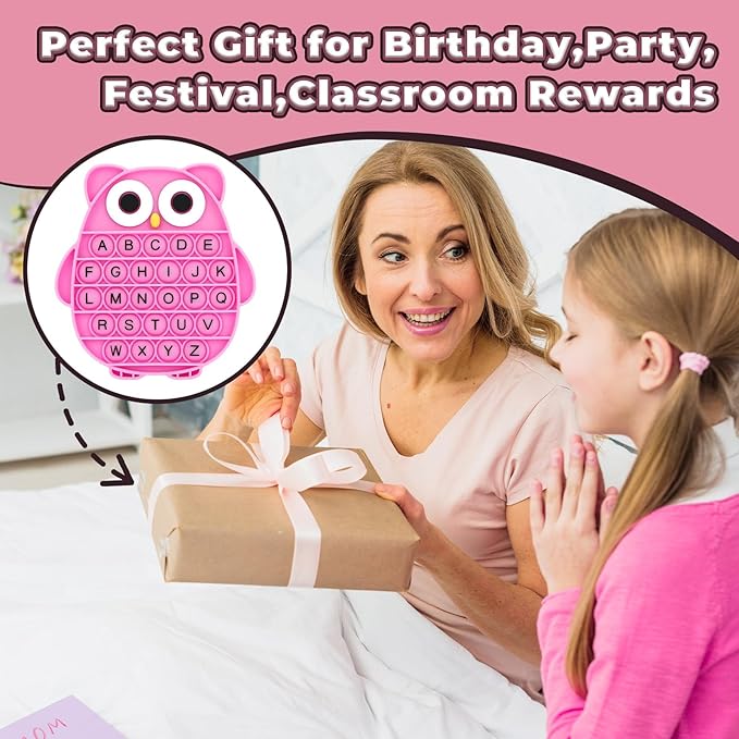 Fidget Toys for Kids, Owl Shaped Silicone Squeeze Sensory Toys, Alphabet Bubble Stress Anxiety Relief Relax Tools for Kids Adults School Classroom Gift Party Favors (Rose red)