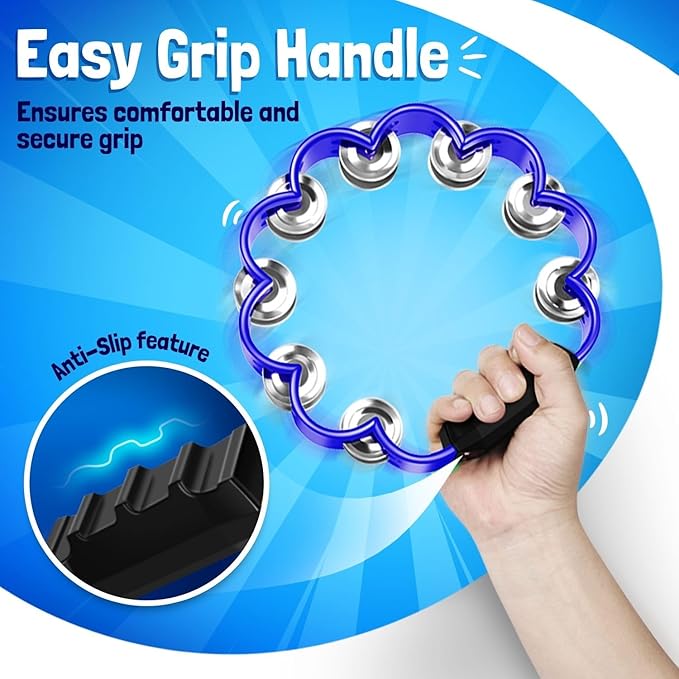 Flexzion Flower Tambourine - 8 Inch Handheld Percussion Instrument w/Metal Jingles & Ergonomic Grip - Small Tambourines for Adults, Kids, Church, Parties, & Musical Events (Blue)