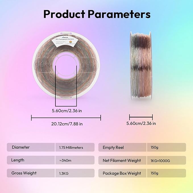 AMOLEN 95A TPU 3D Printer Filament, 1.75mm Transparent Multicolor Rainbow Purple, Pink, Orange, Green Crystal TPU 1.75mm, Color Change Flexible Soft Filament Supports High Speed, 1kg Spool(2.2lbs)