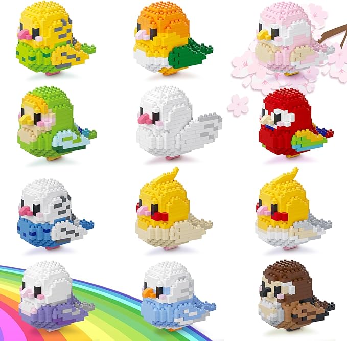 12 Styles Mirco Mini Parrot Building Block Sets, Colorful Small Birds Building Bricks Kits, Not Compatible with Lego Bird, Cute Animals Toys Party Favors Christmas Gift for Kid