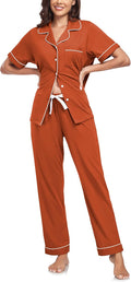CF Womens 100% Cotton Pajamas Set Button Down Pjs Sets Short Sleeve Top & Long Pants Sleepwear Comfy Loungewear with Pockets
