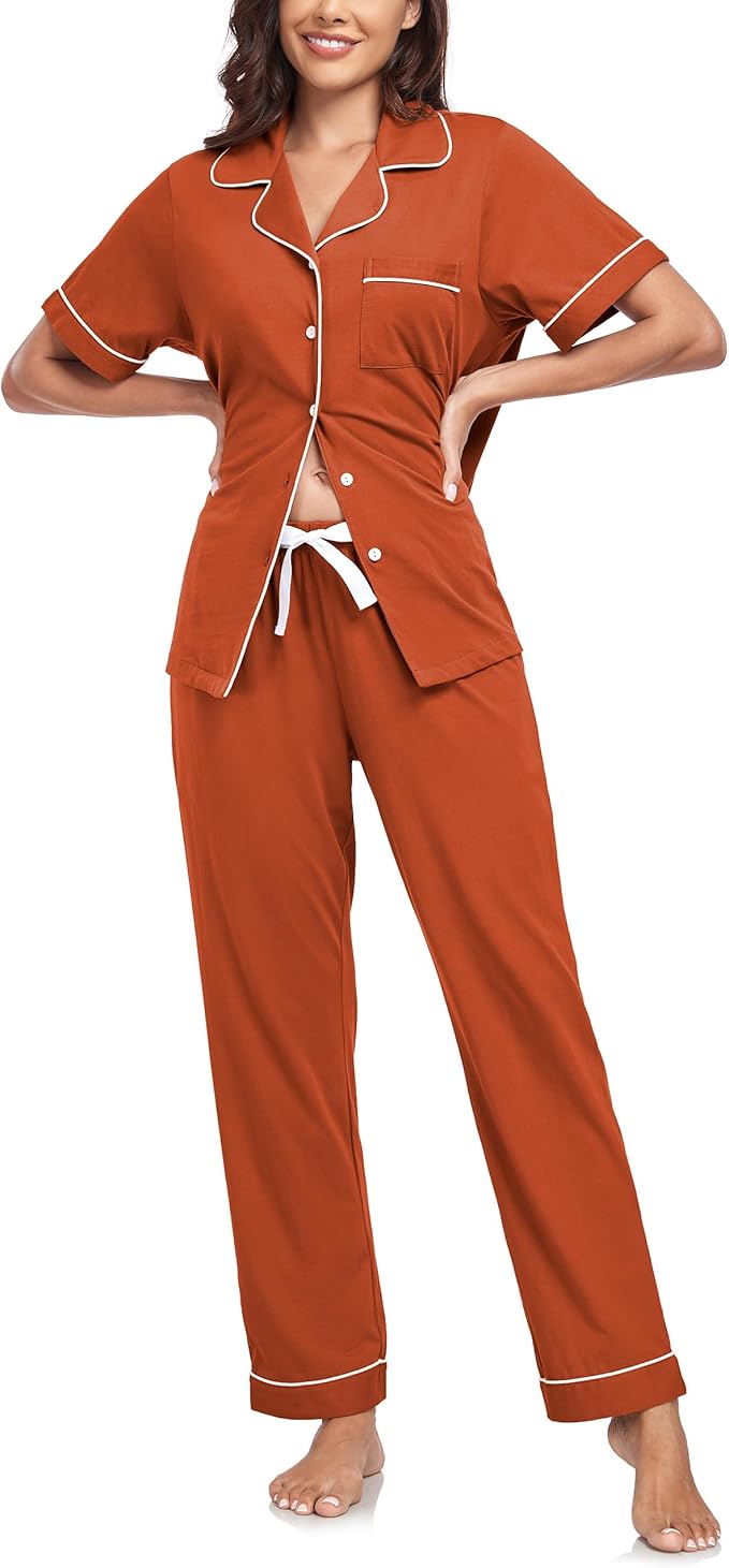 CF Womens 100% Cotton Pajamas Set Button Down Pjs Sets Short Sleeve Top & Long Pants Sleepwear Comfy Loungewear with Pockets