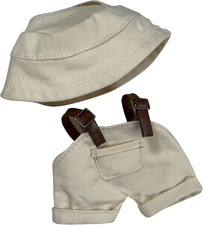17cm Doll Clothes Set(No Doll), Hat & Overalls Set for 17cm Labubu Suit, Cute Cloth for Dress up Unique Style Dolls Outfit Stylish Clothes for Labubu (Khaki)