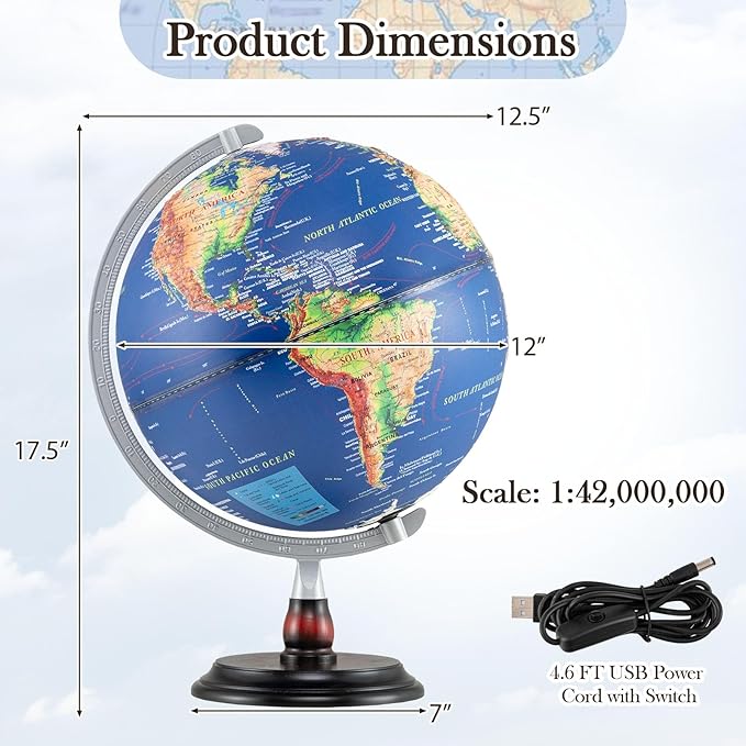 12" Illuminated World Globe, Desktop Globe with Raised Relief, LED Lights, Time Zone & Non-Slip Wooden Base, Geographic Terrain Globes for Decoration (Navy)