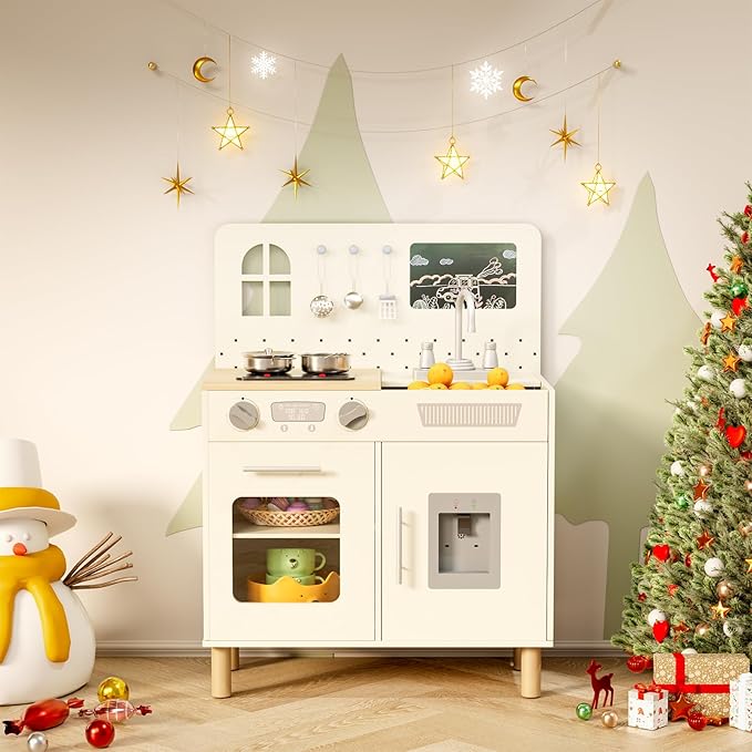 MAMIZO Wooden Kids Play Kitchen Set with Real Lights & Sounds, Interactive Pretend Kitchen with Knob Sounds, Sink, Water Dispenser, 6 Pcs Cookware & Chalkboard Panel for Toddlers and Children (Cream)
