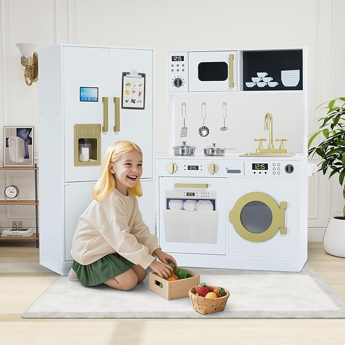 Play Kitchen Sets for Kids, Pretend Wooden Kids Kitchen Playset, Interactive Toy Kitchen with Freezer, Washing Machine, Ice Maker & Large Storage Space, for Boys Girls Ages 3+, White