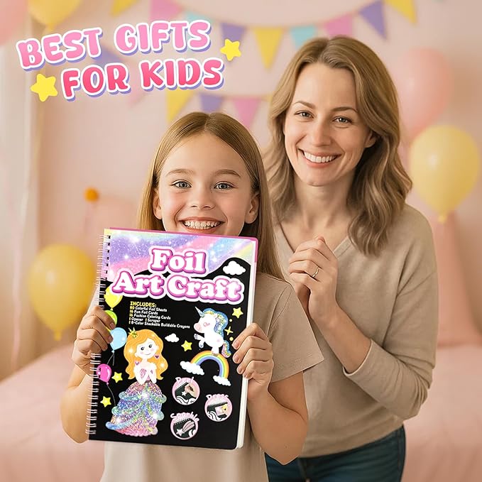3 otters Foil Art Fun, Princess Arts and Crafts for Kids DIY Creative Travel Toy Birthday Gifts for Girls 4 5 6 7 8