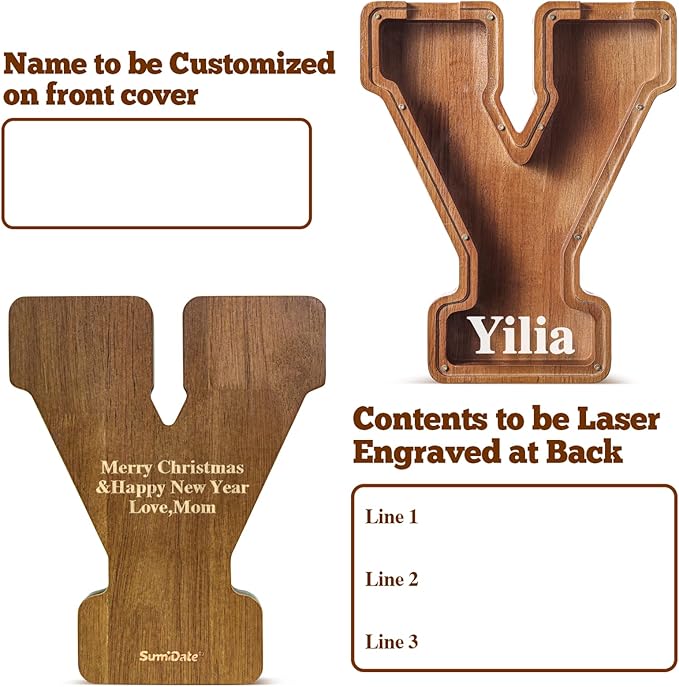 Summidate Customized Name Large Wooden Piggy Bank for Kids Boys Girls Alphabets Letter A-Z Coins Bills Money Change Bank Box Initial on Clear Cover (Laser Engraved) (Alphabet-Y, Personalized-12)