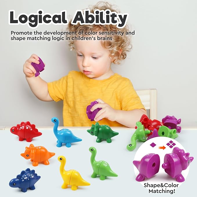 Montessori Matching Dinosaurs Toy, Color and Shapes Recognition, Snap and Pattern Match Game Preschool Learning Toys Homeschooling Activity Class Tool, Birthday Gift for Kids Back to School Goodies