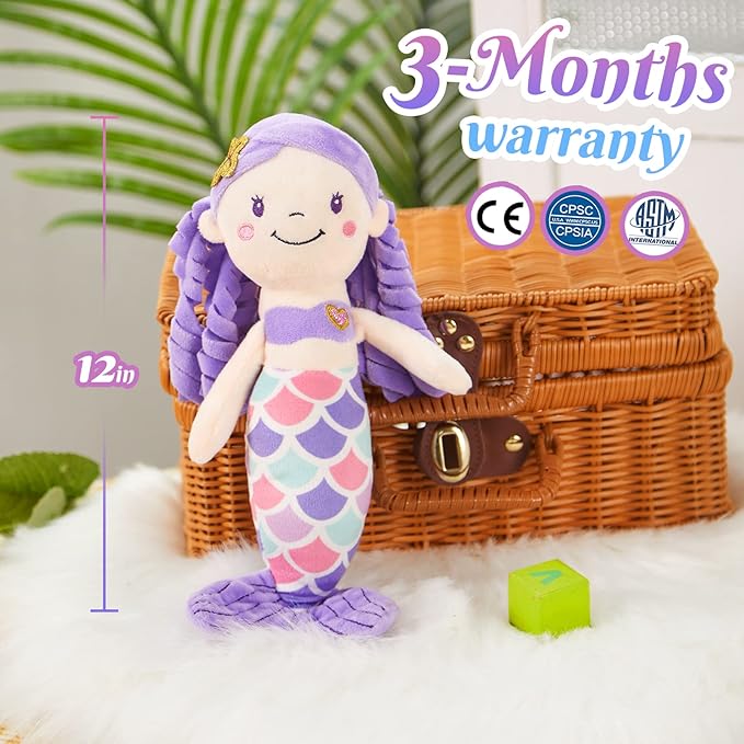 Athoinsu 12'' Purple Mermaid Stuffed Animal Soft Cute Adorable Mermaid Princess Plush Toy Doll Birthday Children's Day Decors for Toddler Girls