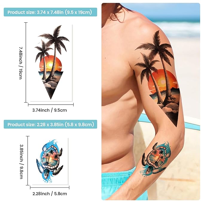 77 Sheets Temporary Tattoo, Sunset Sunglasses Beach Flower Palm Tree Hawaiian Themed Waterproof Fake Tattoos, Holiday Temporary Tattoos for Men Women Kids Party and Goody Bag Stuffers