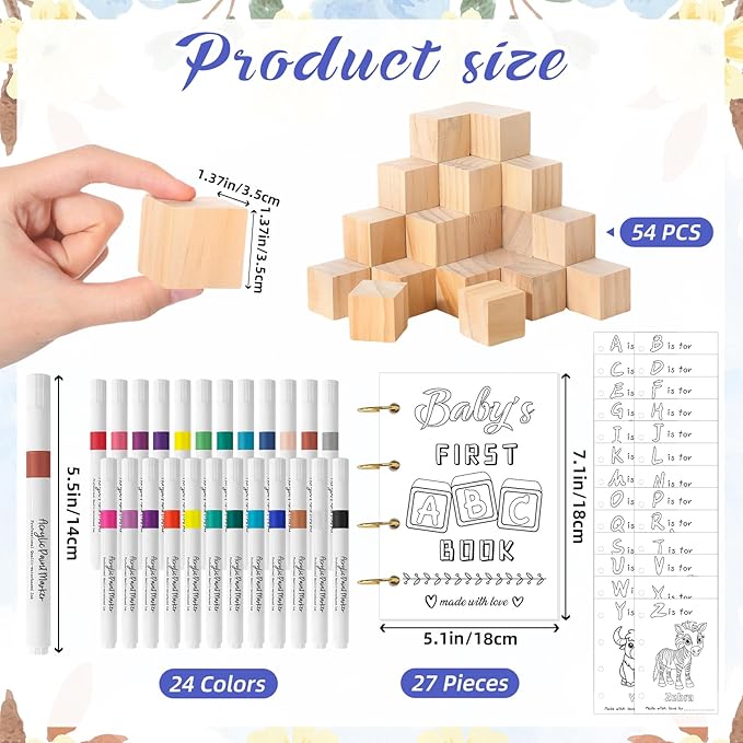 146 Pcs Baby Shower Game Sign Set Includes Decorative Square 54 DIY Blank Wooden Blocks 24 Paint Markers 27 Page Baby‘s First ABC Book (Blue Bear)