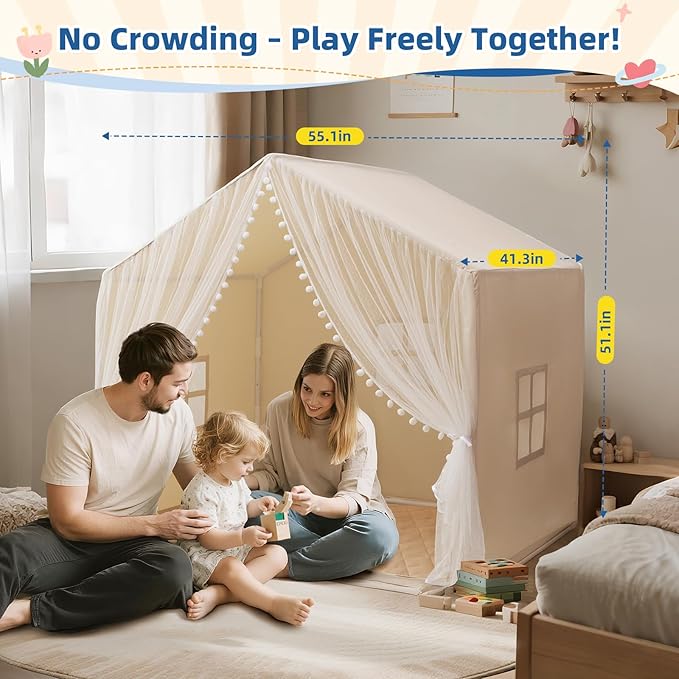 Large Kids Play Tent, 55.1in Length, Fits 3-4 Children,Indoor Playhouse for Kids, with Padded Mat and Lights, Bed Tent for Toddler, Birthday for Boys Girls
