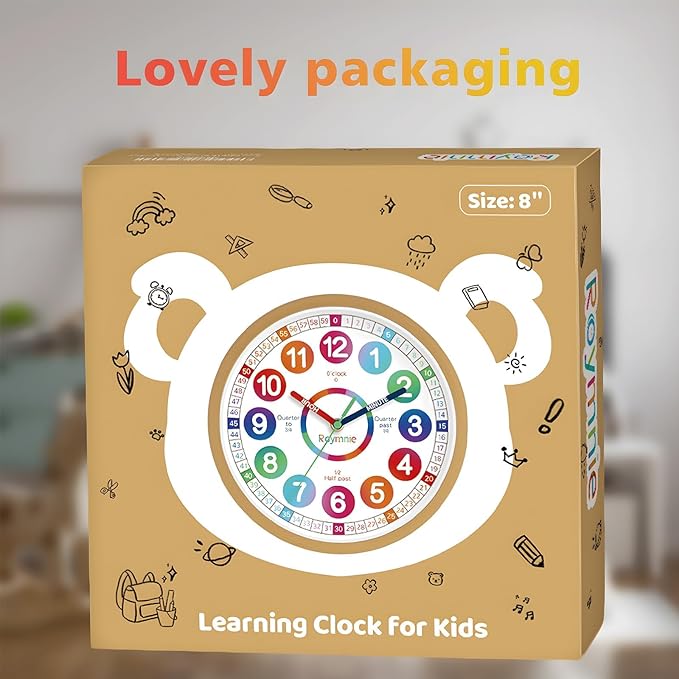 Wall Clock for Kids Learning - Teaching Time Wall Clocks Battery Operated Silent Non Ticking - Analog Colorful Clock Decorative for Kids Room Classroom School(8 Inch)