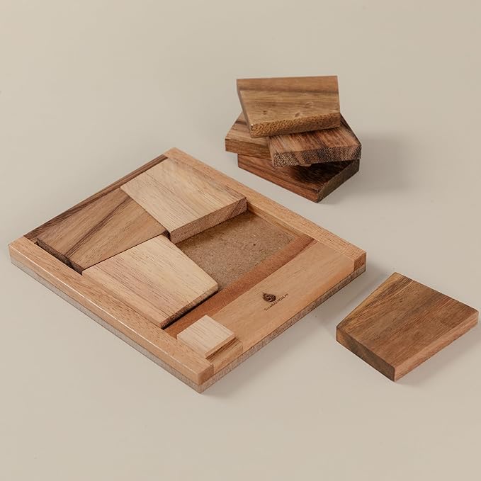 The Square Deal: Wooden 3D Brain Teaser Puzzle – STEM Skill Builder, Tangram Game, Educational Problem Solving for Adults, Unique Handmade Mechanical Puzzle