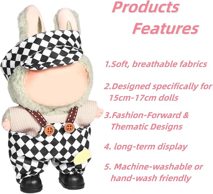Doll Clothes for 17cm Figures, Black and White Checkerboard Overalls‌ Paired with a ‌Checkered Bucket Hat