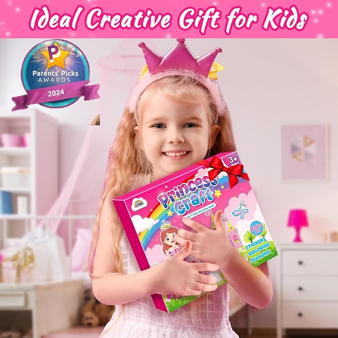 ZMLM Princess & Unicorns Art Crafts for Kids Toddler, 3-in-1 DIY Creative Sticker Coloring Activity Book for Ages 3 4 5 6 7 8 Year Old Girls Birthday Gifts Toys Game Travel Essentials Kit