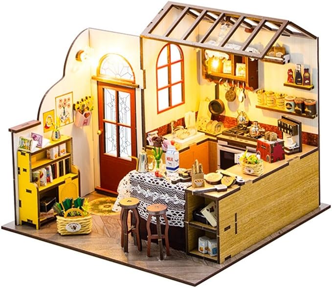 DIY Miniature House Kit, Tiny House Kit with LED, DIY Miniature Kit for Adults Teen, Wooden Dollhouse Kit, Home Decor, Kitchen