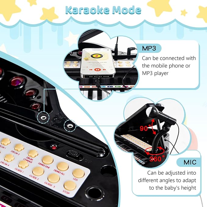 Costzon Kids Piano, 31 Key Mini Grand Piano Toy Keyboard with Microphone, Stool & Lights, Portable Electronic Piano Educational Musical Instrument Toy, Birthday Gift for Toddler Boys Girls (Black)