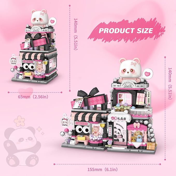 Street View Gift Shop Mini Building Blocks, MOC Creative Building Toys Cute Panda Animals Building Set for Girls 6-12, Simulation Architecture Construction Toy, Gift Idea for Kids Adults (938 PCS)