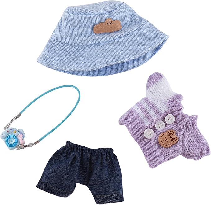 17cm Doll Clothes Set 4-Piece Outfits for Doll Purple Fashion Clothing for Plush Dolls Accessories with Purple Knit Sweater, Jeans, Mini Backpack Charm & Blue Bucket Hat