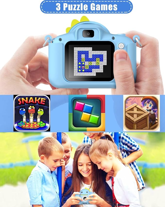 Dinosaur Kids Camera Toys, Birthday Graduation Gifts for Girls Boys 3-12, 1080P HD Selfie Digital Video Camera for Toddlers,Travel Gifts Dino Toys for 4 5 6 7 8 9 Years Old (Blue)