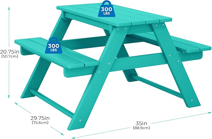 Costaelm Kids Picnic Table, HDPE All Weather Outdoor Toddler Picnic Table and Chair Set Kids Bench for Patio, Backyard, Garden, Lawn, Turquoise