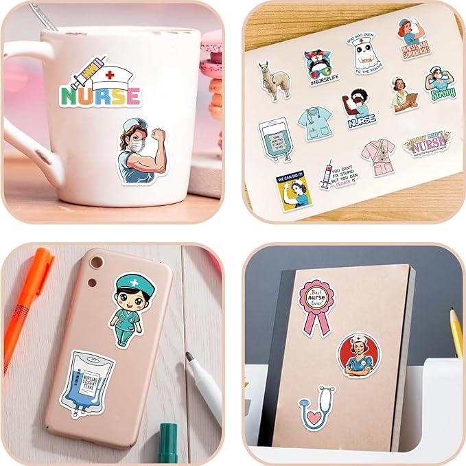 Nurse Stickers 100Pcs, Vinyl Waterproof Funny Nurse Decals for Decals Laptop Notebook Water Bottles Nurses Week Appreciation Gifts Bulk Nursing School White Angels Accessories