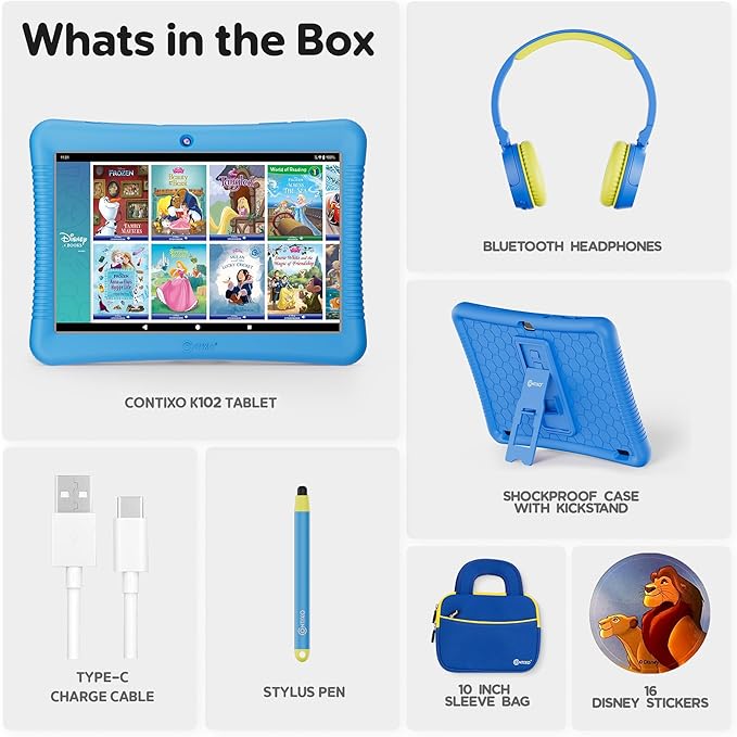 Contixo 10" Android Kids Tablet Bundle - 32GB, 80+ Disney Storybooks ($350 Value), Parental Controls, Kid-Proof Case w/Kickstand & Stylus, Headphones & Sleeve Bag - Blue
