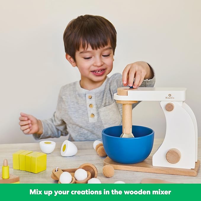 KiwiCo Bake-a-Cake Stand Mixer | Play Kitchen | Kids Baking Set Ages 3+ | Learn Early Math with Wooden Kitchen Play Set | Includes Ingredients, Stand Mixer, Measuring Spoons, Recipe Cards and More