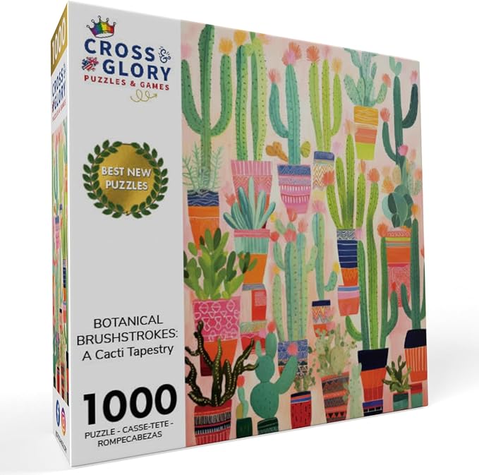 Cross & Glory - Botanical Brushstrokes: A Cacti Tapestry - 1000 Piece Jigsaw Puzzle | Plant Jigsaw Puzzle | Artistic Challenge with Vibrant Satin Finish