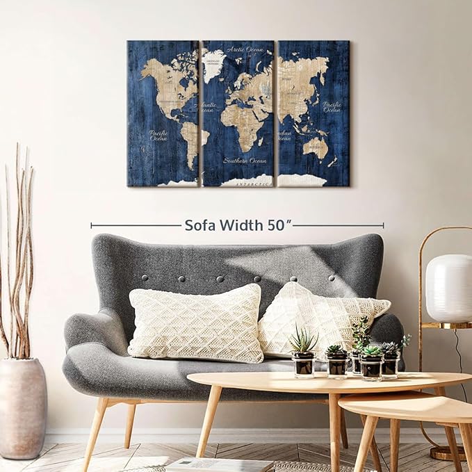 ElephantStock Aged Blue World Map II Canvas - 3 Panel Wall Decor - World Map Digital Art - Blue Wall Art - 38" X 24"