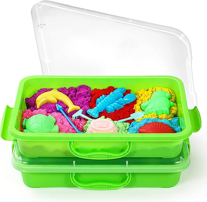 2 Pcs Sand Tray Sensory Bin with Lid and Handle, Portable Sensory Sandbox Container for Kids, Plastic Activity Tray for Toddlers (Green)
