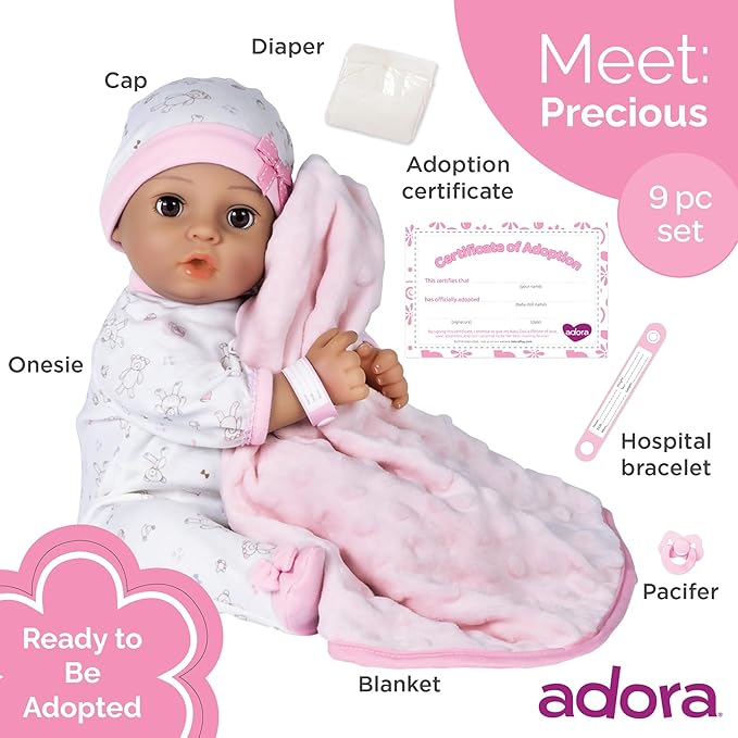 Adora 16 Inch Girl Baby Doll with Accessories Teal Matching 9-Piece Set Including a Pacifier, Hospital, Bracelet, Diaper, and More Gift for Toddlers Ages 3+ Adoption Babies Collection - Precious