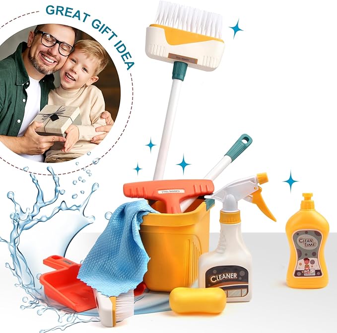 Joyfia Kids Cleaning Set 12 Piece, Toy Cleaning Set Includes Broom, Dustpan, Mop, Brush, Spray, Scraper, Bucket, Sponge and More, Pretend Play Housekeeping Kit for Toddlers Aged 3+