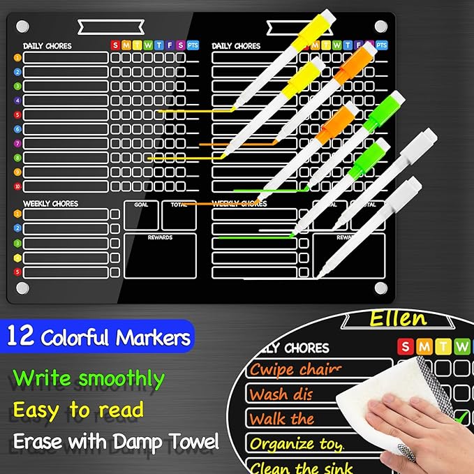 PigPotParty 2-in-1 Black Acrylic Magnetic Chore Chart for 2 Kids Couples Roommates, 15"x11" Large Dry Erase Chore Board for White Fridge, Weekly Reward Chart, 12 Markers & 1 Towel Included