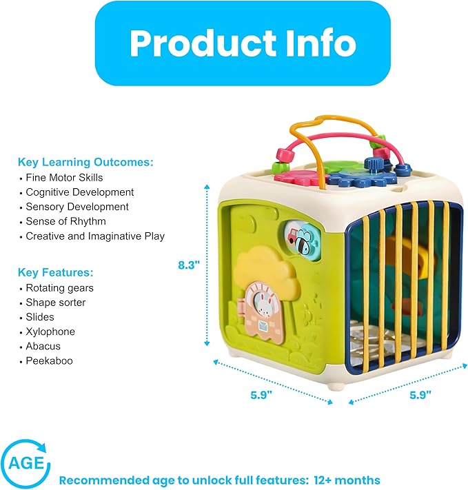 PlenPLAY 7-in-1 Activity Cube for Toddlers 1-3 - Educational Toy with Shape Sorter, Abacus, Xylophone, Peekaboo, Slides, and Gears - Sensory Toys for Toddlers 1-3