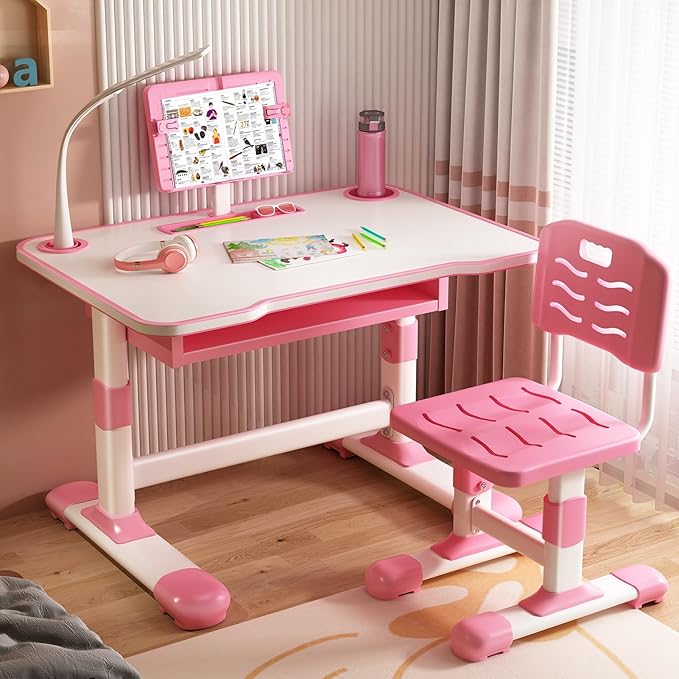 2025 NEW Kid's Study Desk and Chair Set, Ergonomic Height Adjustable Children Study Desk with Tilt Desktop, Book Stand, Light, Metal Hook and Storage Drawer,Gift for Boys Girls (Pink 70cm light)