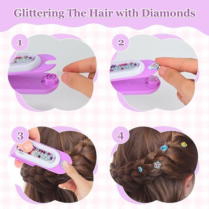 Hair Gem Stamper Kit,Bling Hair Jewels for Girls, Hair Styling Tool with Reusable Shining Diamonds, Christmas Birthday Arts & Crafts Gift for 5-12 Year Old Girl (Purple)