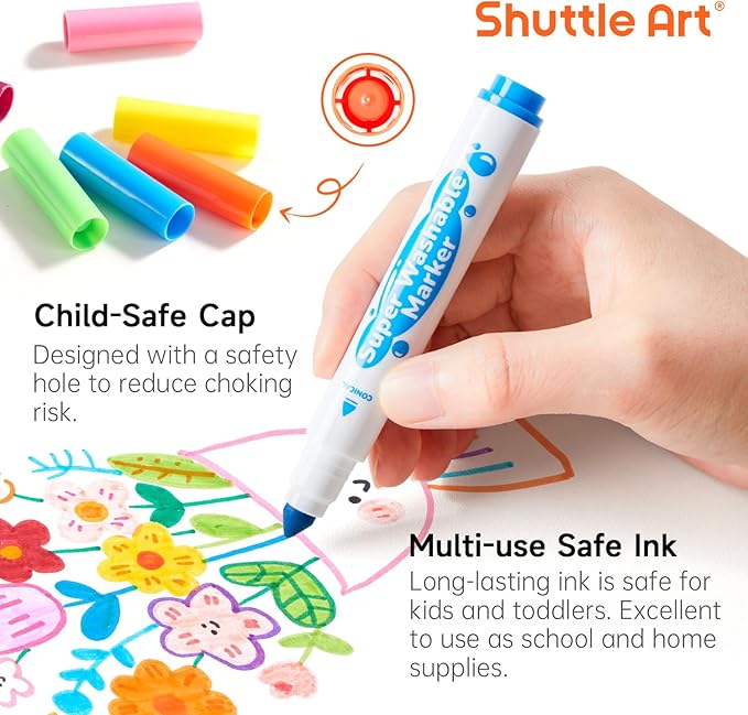 Shuttle Art Super Washable Markers, 30 Colors Broad Line Conical Tip Markers for Kids, Ultra Clean Coloring Book Marker Set, Home Classroom School Supplies for Toddlers Kids Adults Students Teachers