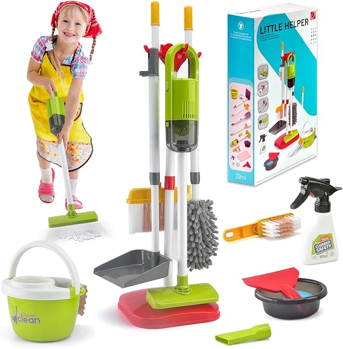 Toddler Cleaning Set, Kids Cleaning Toy Set with 2 in 1 Kids Vacuum That Really Works, Mop, Broom, 14Pcs Pretend Play Home Cleaning Playset for Toddler Ages 3+, Birthday Gift for Girls Boys (Red)