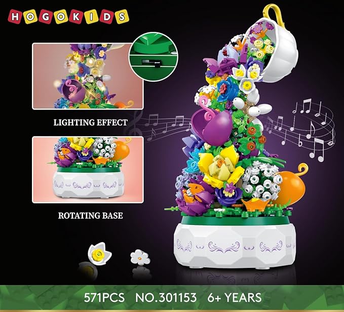 HOGOKIDS Flowers Music Box Building Block Kit with Light- 571PCS Mother's Day Decoration Rotating Music Box Building Blocks Set | Botanical Collection Birthday Gift for Girls Boys Adults Kids Ages 6+