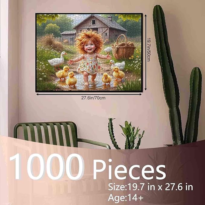 Tucocoo 1000 Piece Jigsaw Puzzle for Adults – Whimsical Cottagecore Farm Scene with Little Girl, Ducklings Rustic Barn – Vintage Farmhouse Puzzle for Relaxation, DIY Crafts Puzzles Home Decor Gifts