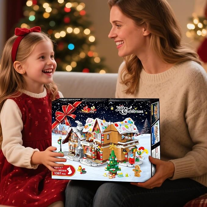 2025 Christmas 3 Style Gingerbread House Building Set with Light - 1477PCS Christmas Village Castle Building Block Toy with Santa Claus Xmas Tree Train for Adults Kids Girls Boys Ages 6+