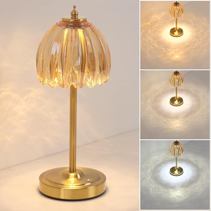 Cordless Small Table Lamp with 5000mAh Battery & Touch Control - 3 Adjustable Color Temperatures, Dimmable Rechargeable Table Lamps for Living Room, Bedroom, Desk, Nightstand (Amber Tulip)