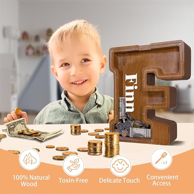 Wooden Letter Piggy Bank for Kids Larger Letter Piggy Bank for Boys and Girls Personalized Piggy Bank Initial Coin Bank Wood Kids Money Bank for Birthday and Festival